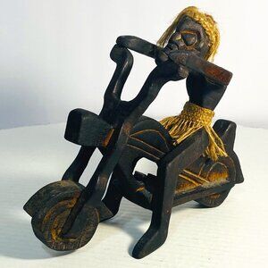 Rare Primitive Java Man on Motorcycle Wooden Carving and Jute Tribal Sculpture